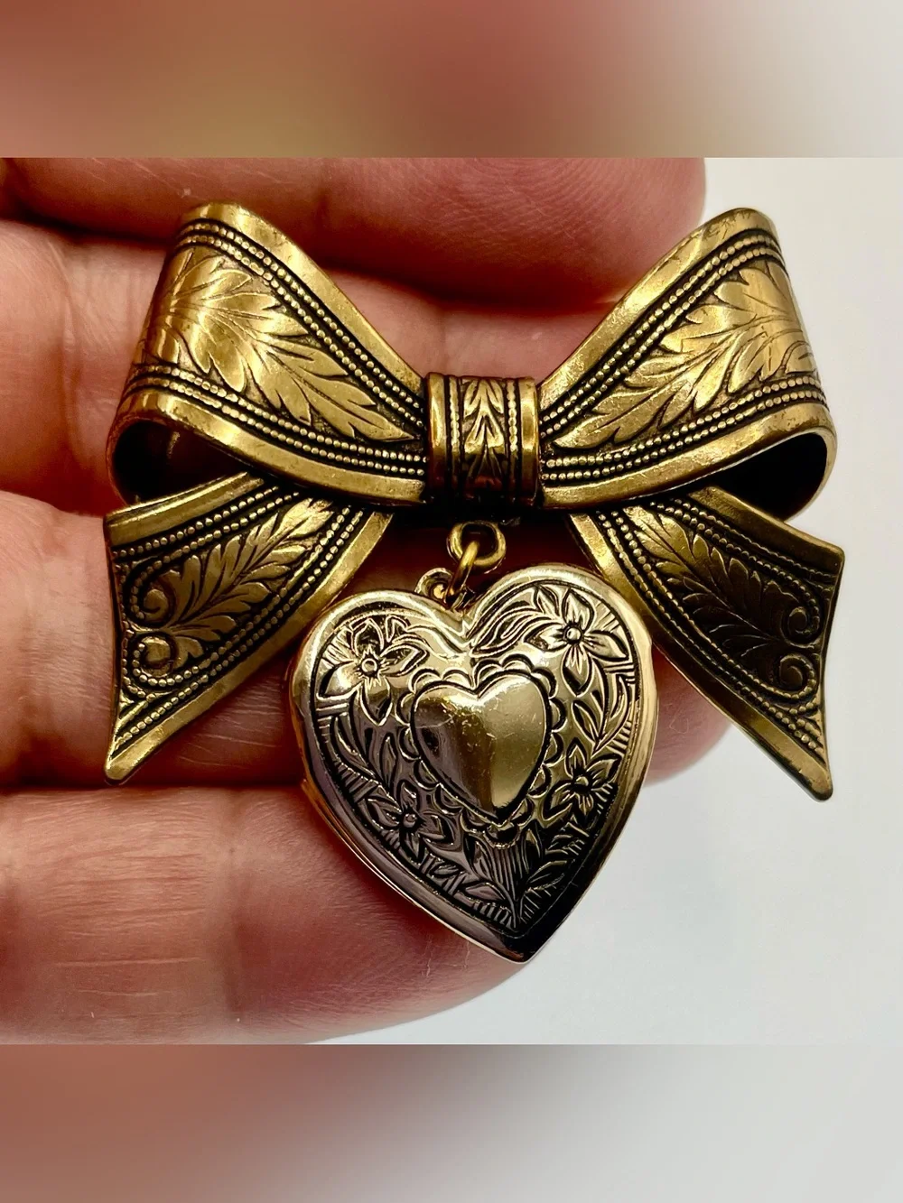 Vintage Gold Tone Bow Brooch Dangling Heart Locket Charm Victorian Revival